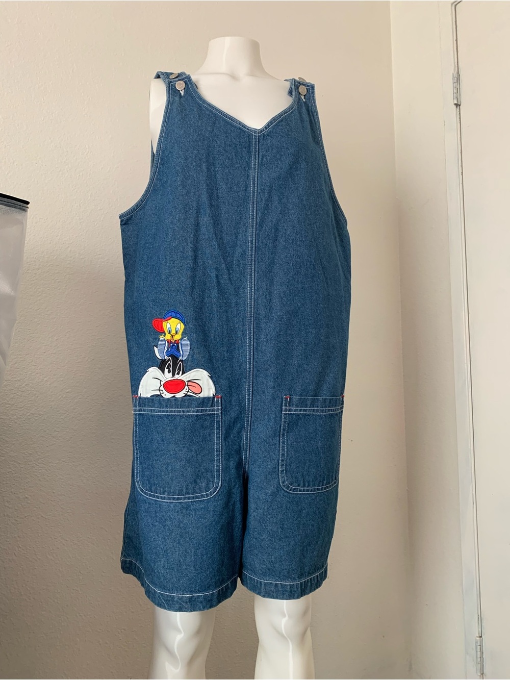 Warner Bros. Denim Romper with Tweety & Sylvester Embroidery - Blue